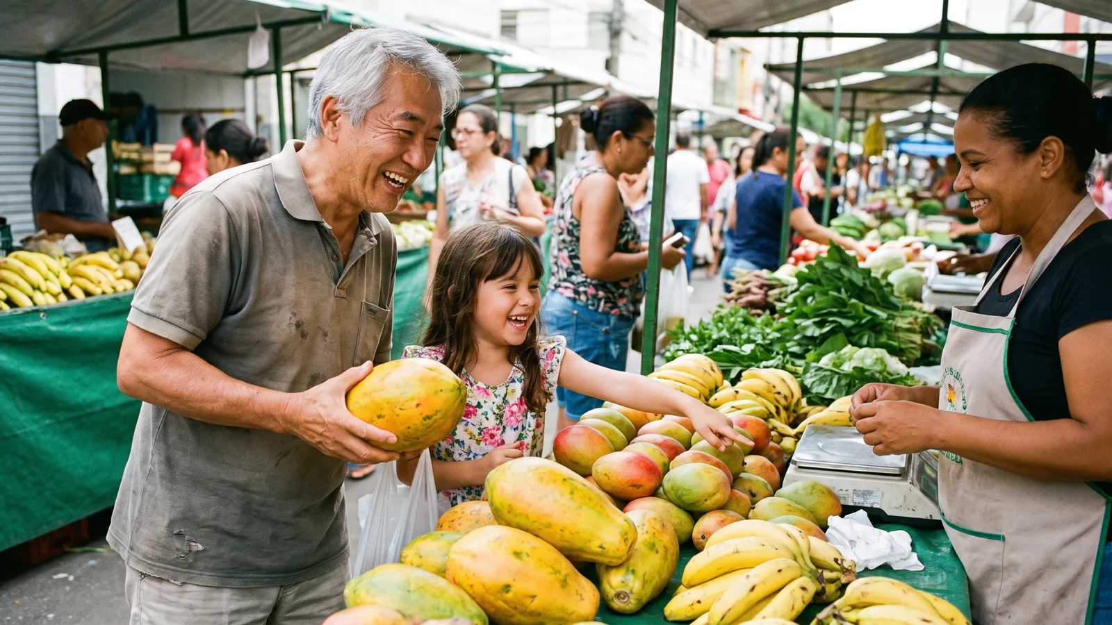 Mulher de meia-idade escolhendo legumes numa feira de rua pela manhã