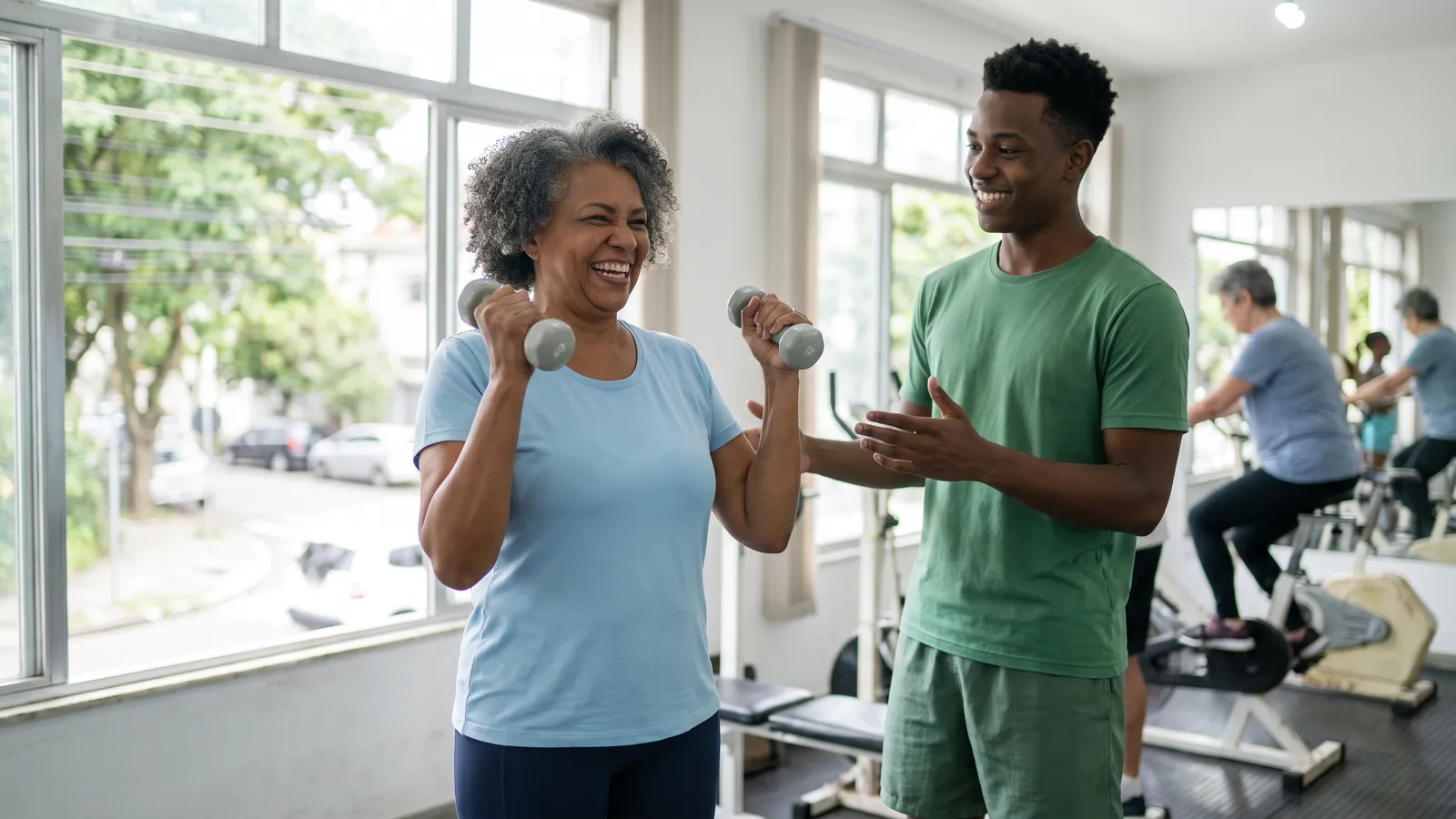 Mulher de uns 60 anos fazendo exercício de força com halteres leves em uma academia de bairro, acompanhada de um professor