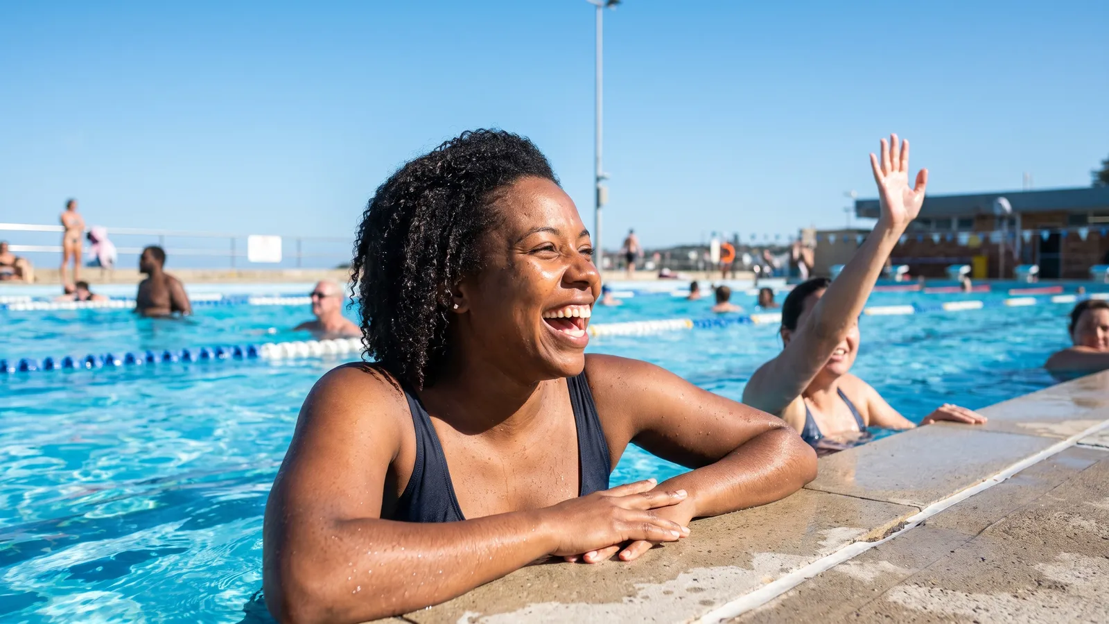 Homem de cerca de 50 anos nadando numa piscina pública