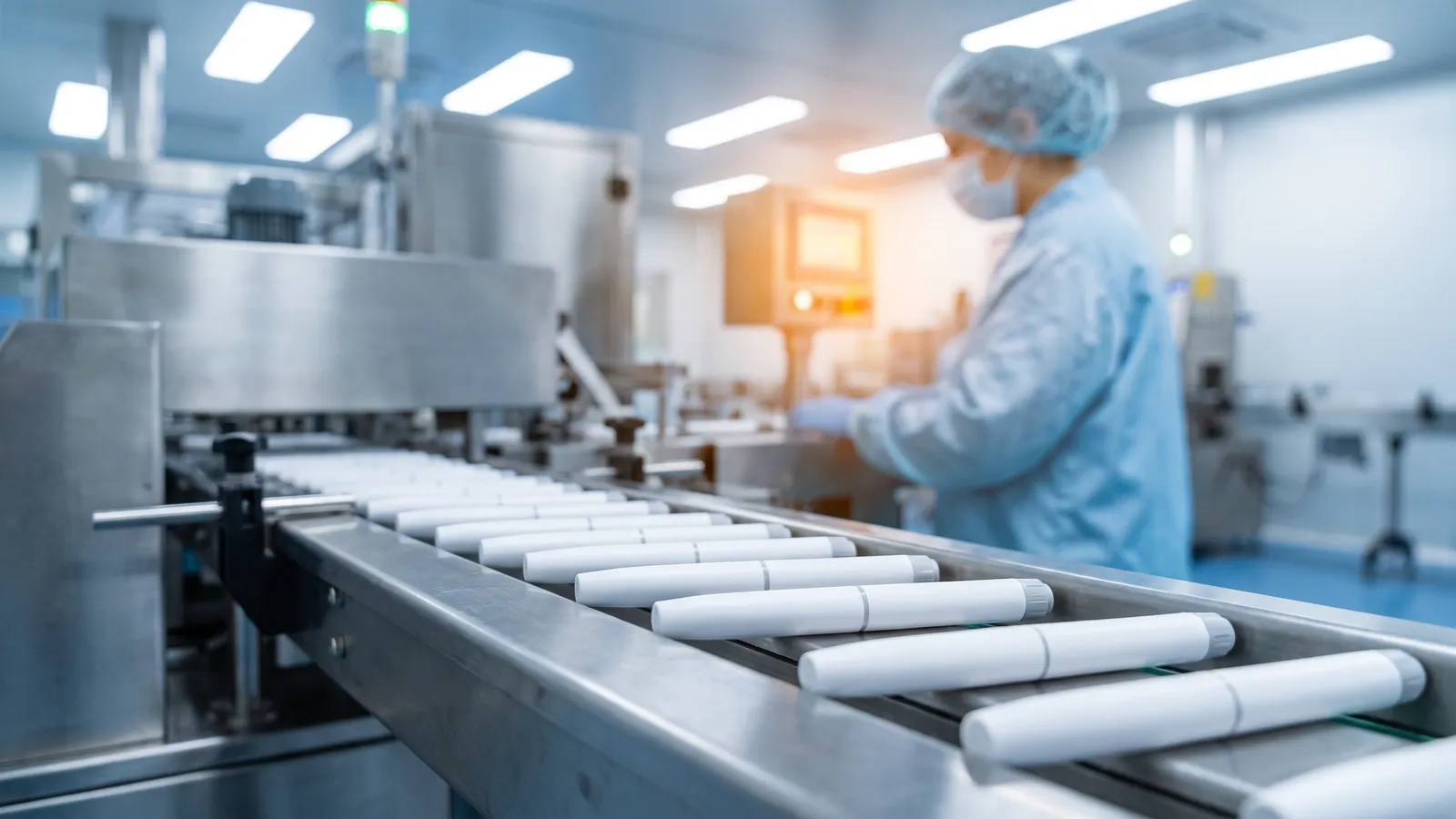 Linha de produção farmacêutica com canetas brancas sem rótulo