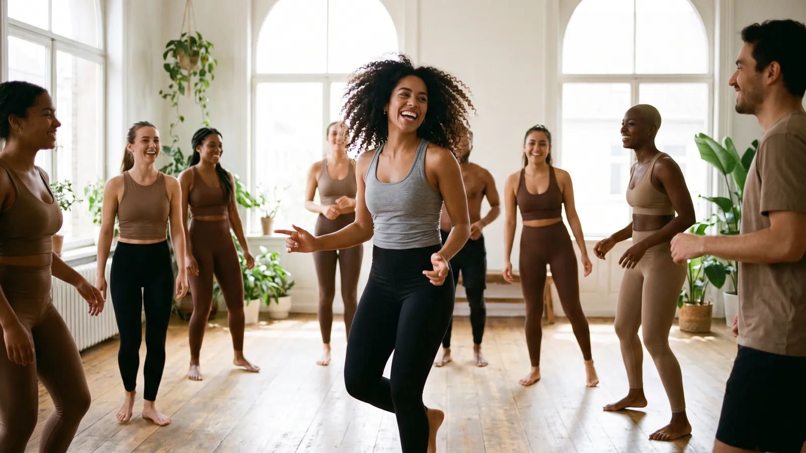 Mulher de cerca de 28 anos numa aula de dança