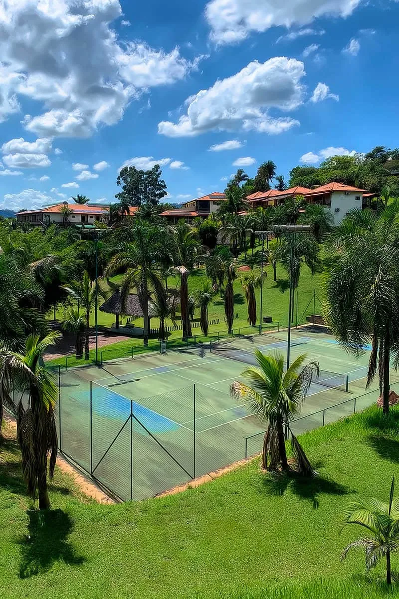 Vista aérea da quadra de tênis cercada de palmeiras e gramado