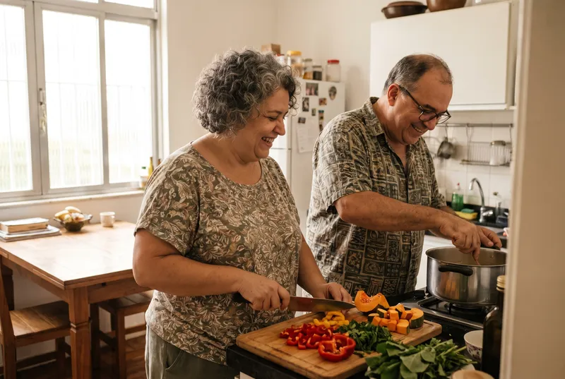 Casal cozinhando legumes juntos numa cozinha iluminada