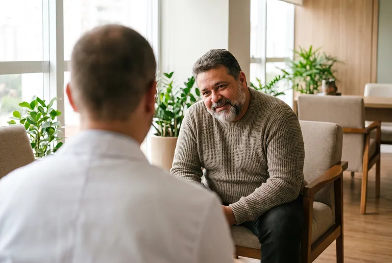 Homem conversando com o médico num consultório claro
